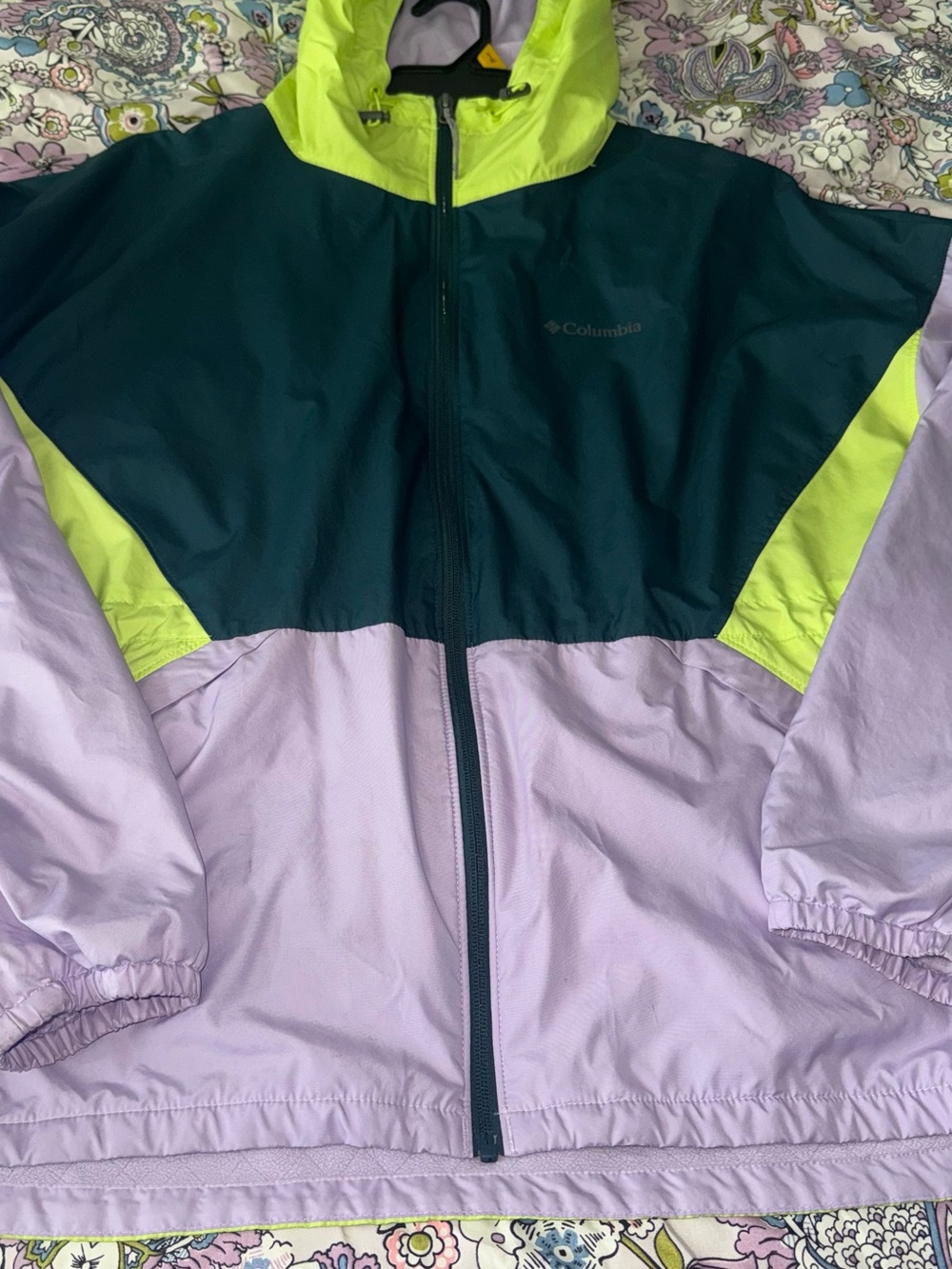 Columbia Colorblock Raincoat in Lavender, Teal & Neon Yellow